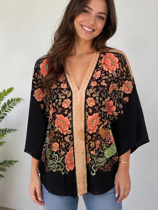 Rose & Olive Tops - Rose + Olive Deep V-neck Front & Back, Batwing Sleeve, Black & Orange Top, M